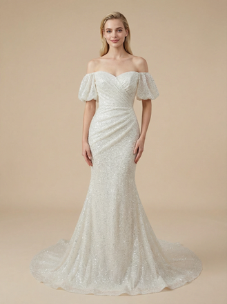 Mermaid Off Shoulder Ruching Maxi Long Sequin Wedding Dresses With Train