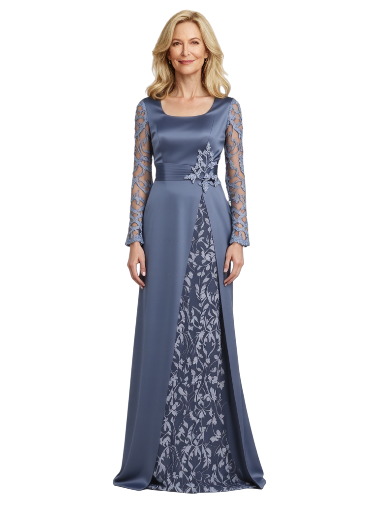 Elegant Square Long Sleeves Lace Satin Floor length Mother of The Bride Dresses For Wedding