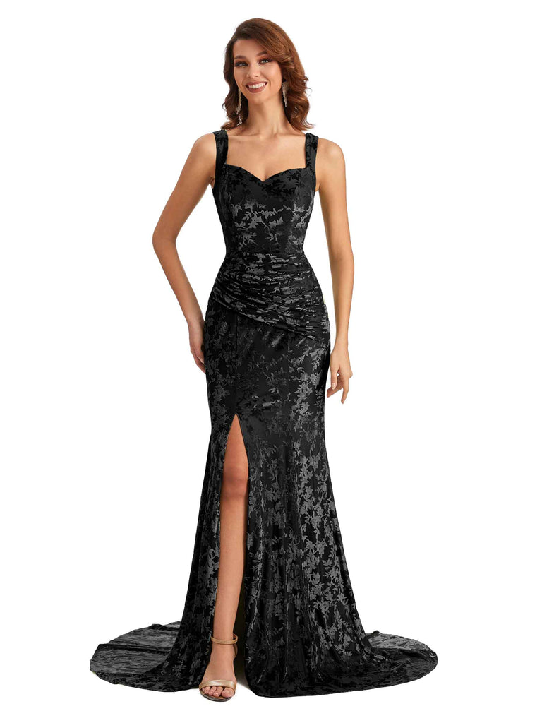 Sexy Side Slit Mermaid Lace Velvet Spaghetti Straps Long Bridesmaid ...