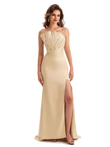 Unique Soft Satin Side Slit Asymmetrical Neckline Mermaid Long Wedding Guest Dresses