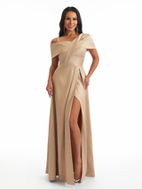 Unique Asymmetrical Neck Side Split A-line Soft Satin Long Bridesmaid Dresses