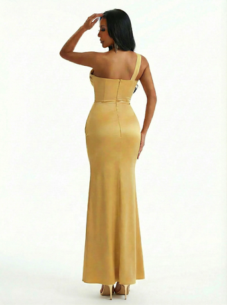 Sexy Mermaid One Shoulder Side Slit Ruched Satin Long Evening Formal Dresses