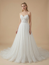 A-Line V-neck Twisted Knot Maxi Long Sequin Tulle Wedding Dresses Online