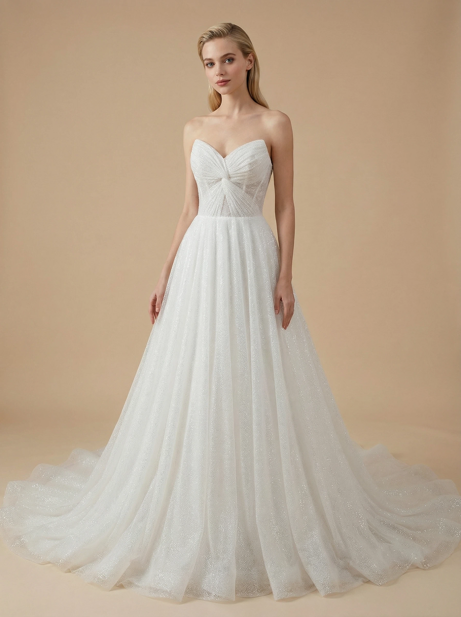 A-Line V-neck Twisted Knot Maxi Long Sequin Tulle Wedding Dresses Online