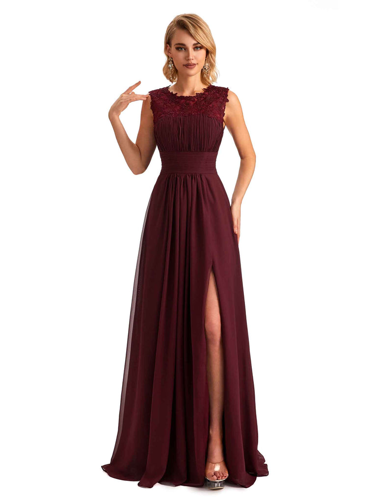 Elegant Side Slit Chiffon Spaghetti Straps A-line Long Mother of the Brides  Dresses - ChicSew