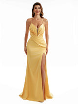 Sexy Side Split Spaghetti Straps Back Criss Cross Mermaid Satin Wedding Party Dresses