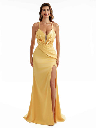 Sexy Side Split Spaghetti Straps Back Criss Cross Mermaid Satin Pretty Long Deep V-Neck Bridesmaid Dresses