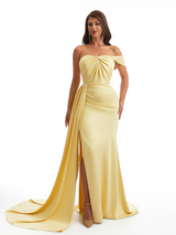 Sexy One Shoulder Mermaid Side Slit Ruched Satin Long Bridesmaid Dresses Online