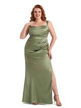 Plus Size Sexy Side Slit Mermaid Straps Soft Satin Long Maid of Honor Dresses