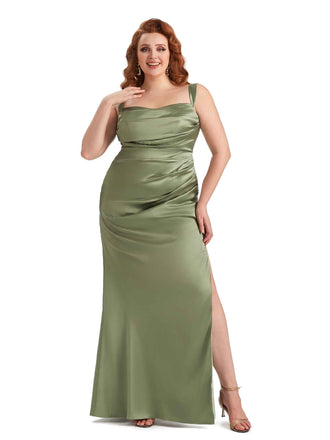 Sexy Side Slit Mermaid Straps Soft Satin Long Plus Size Maid of Honor Dresses