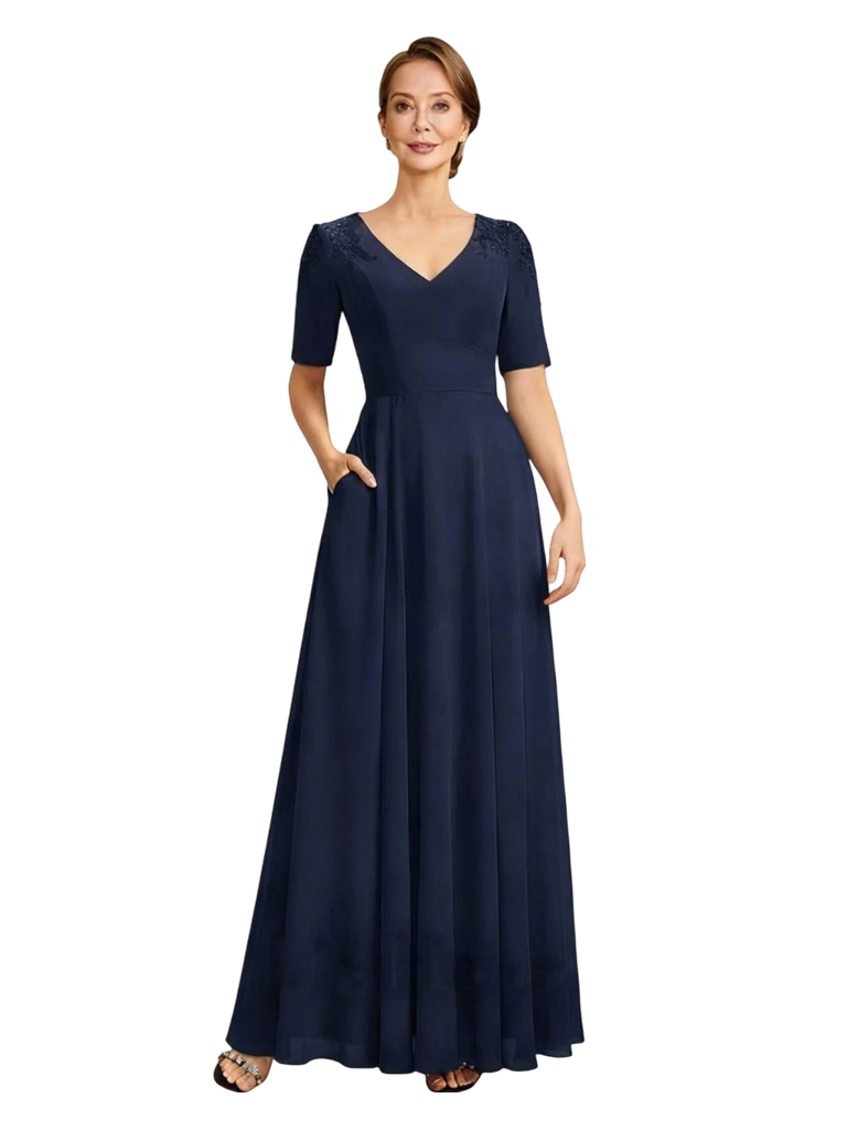 Modern V-Neck Short Sleeves Floor-Length Chiffon A-Line Mother Of The Bride Dresses