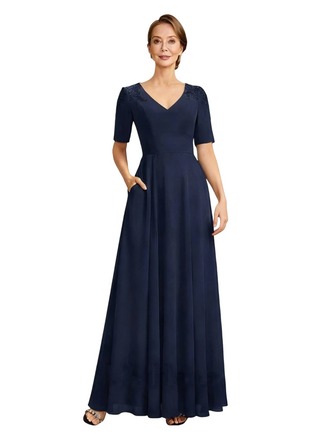 Elegant V-Neck Short Sleeves Floor-Length Chiffon A-Line Mother Of The Bride Dresses