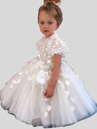 Flower Girls Dresses For Weddings Lace Appliques Short Sleeves Children Party Kids Girl Ball Gowns 3D Floral Flowers