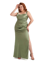Plus Size Sexy Side Slit Mermaid Straps Soft Satin Long Maid of Honor Dresses