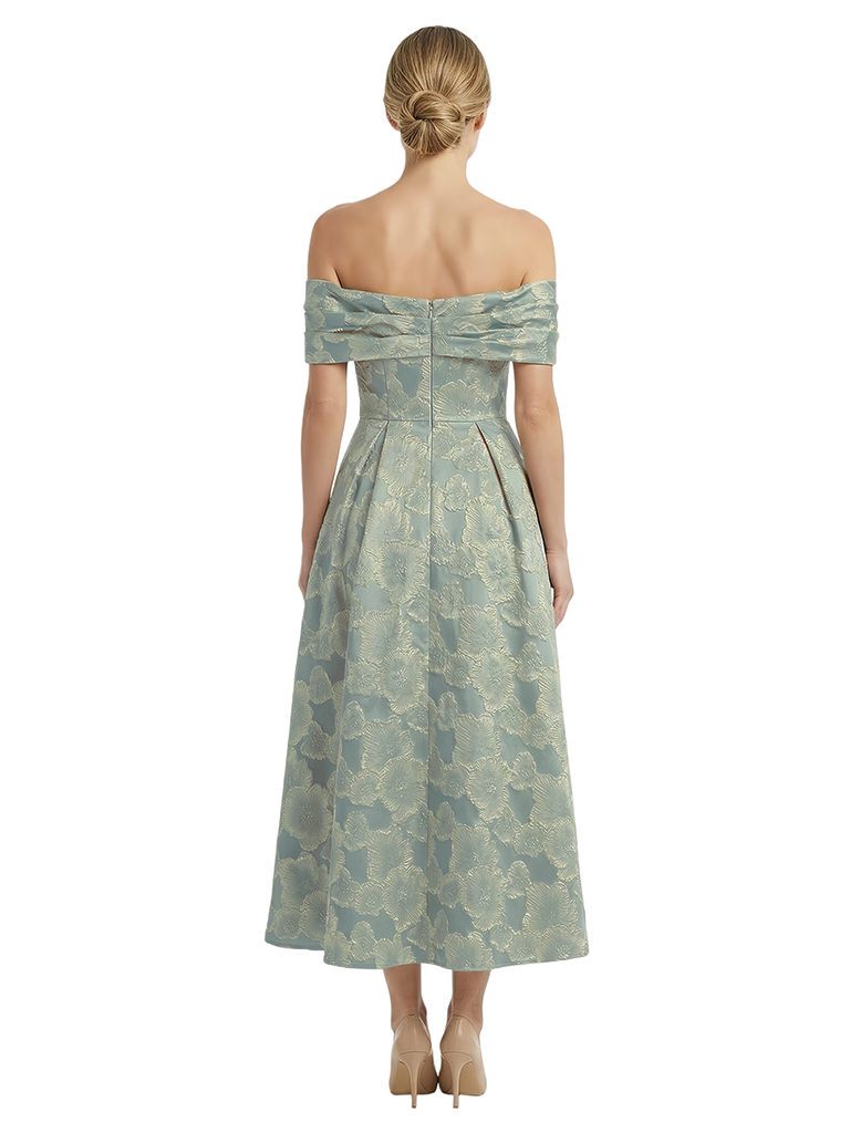ChicSew Exquisite Floral Jacquard Off Shoulder A-Line Tea-Length Formal Evening Dresses