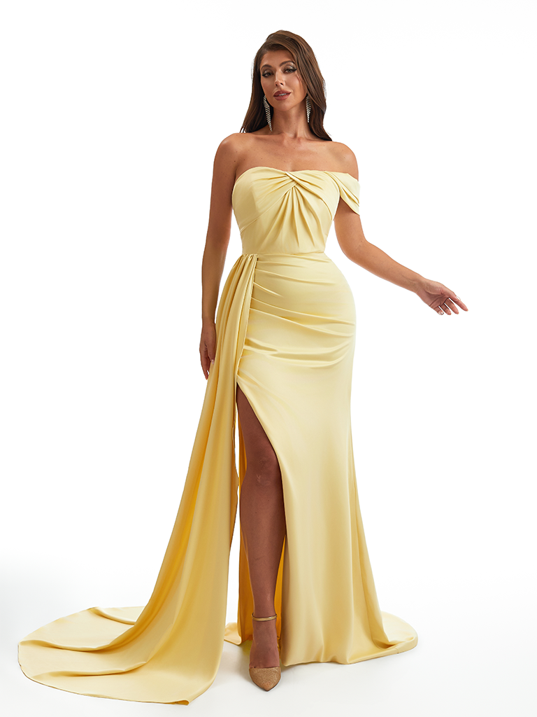 Sexy One Shoulder Mermaid Side Slit Ruched Satin Long Bridesmaid Dresses Online