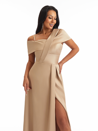 Unique Asymmetrical Neck Side Split A-line Soft Satin Long Bridesmaid Dresses