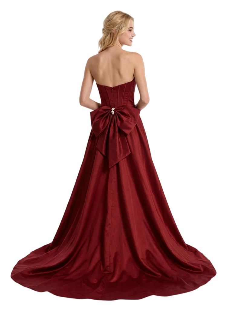 Unique Pearl Trim Corset Prom Dress Strapless A-Line Evening Gown With Giant Bow