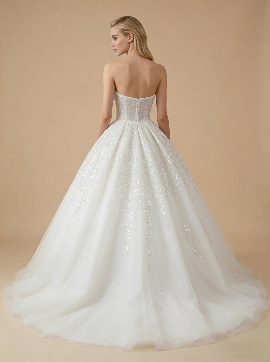 A-Line V-neck Twisted Knot Maxi Long Sequin Tulle Wedding Dresses Online
