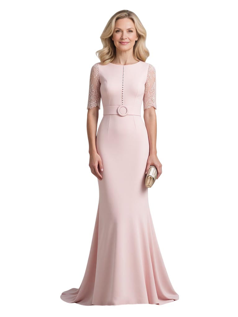 Elegant Stretchy Crepe Half Sleeves Jewel Mermaid Mother Of The Bride Dresses