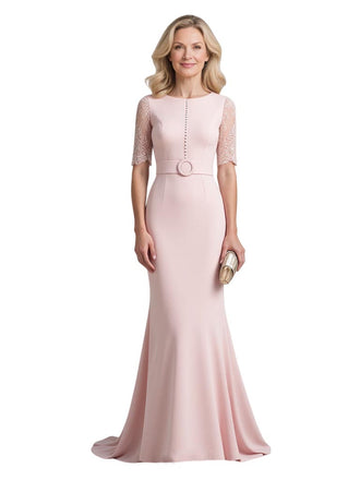 Elegant Stretchy Crepe Half Sleeves Jewel Mermaid Mother Of The Bride Dresses