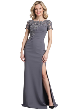 Elegant Mermaid Scoop Short Sleeves Side Slit Chiffon Long Mother of The Bride and Groom Outfits