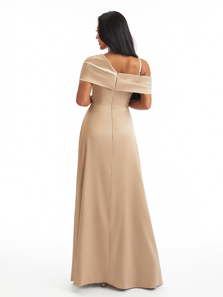 Unique Asymmetrical Neck Side Split A-line Soft Satin Long Bridesmaid Dresses