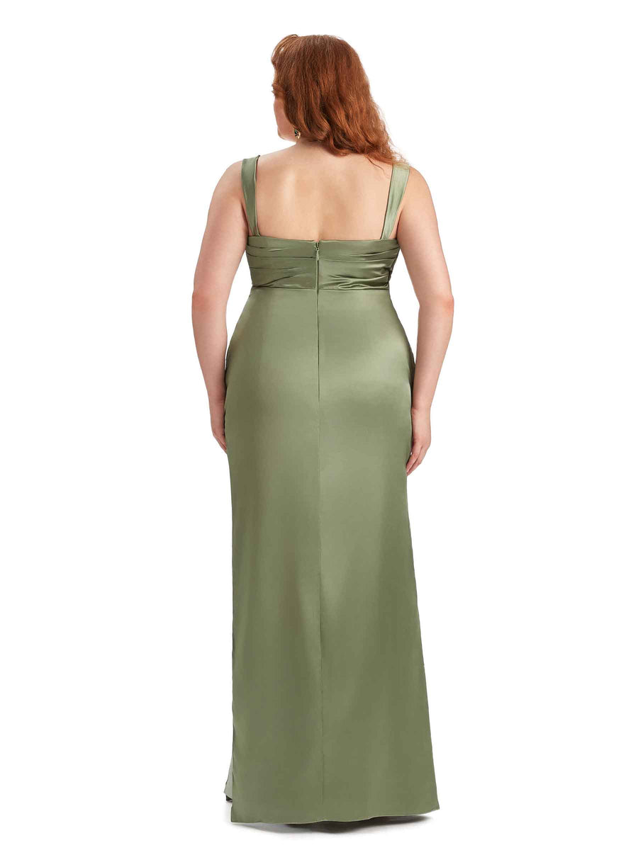Plus Size Sexy Side Slit Mermaid Straps Soft Satin Long Maid of Honor Dresses