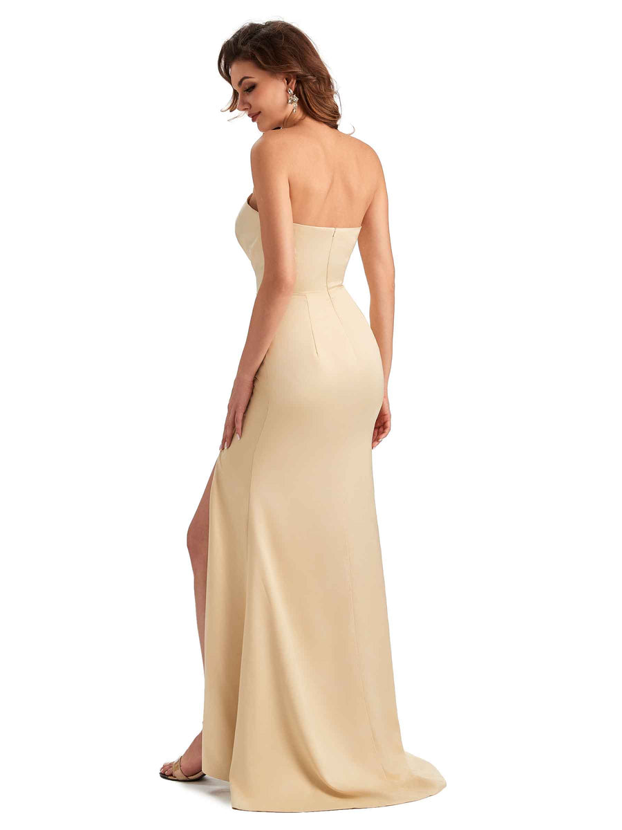 Unique Soft Satin Side Slit Asymmetrical Neckline Mermaid Long Bridesmaid Dresses