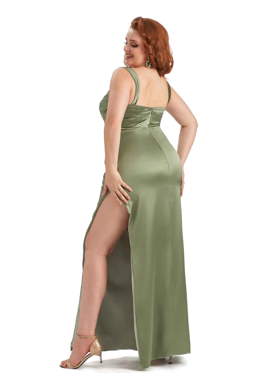 Plus Size Sexy Side Slit Mermaid Straps Soft Satin Long Maid of Honor Dresses
