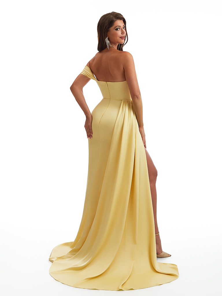 Sexy One Shoulder Mermaid Side Slit Ruched Satin Long Bridesmaid Dresses Online