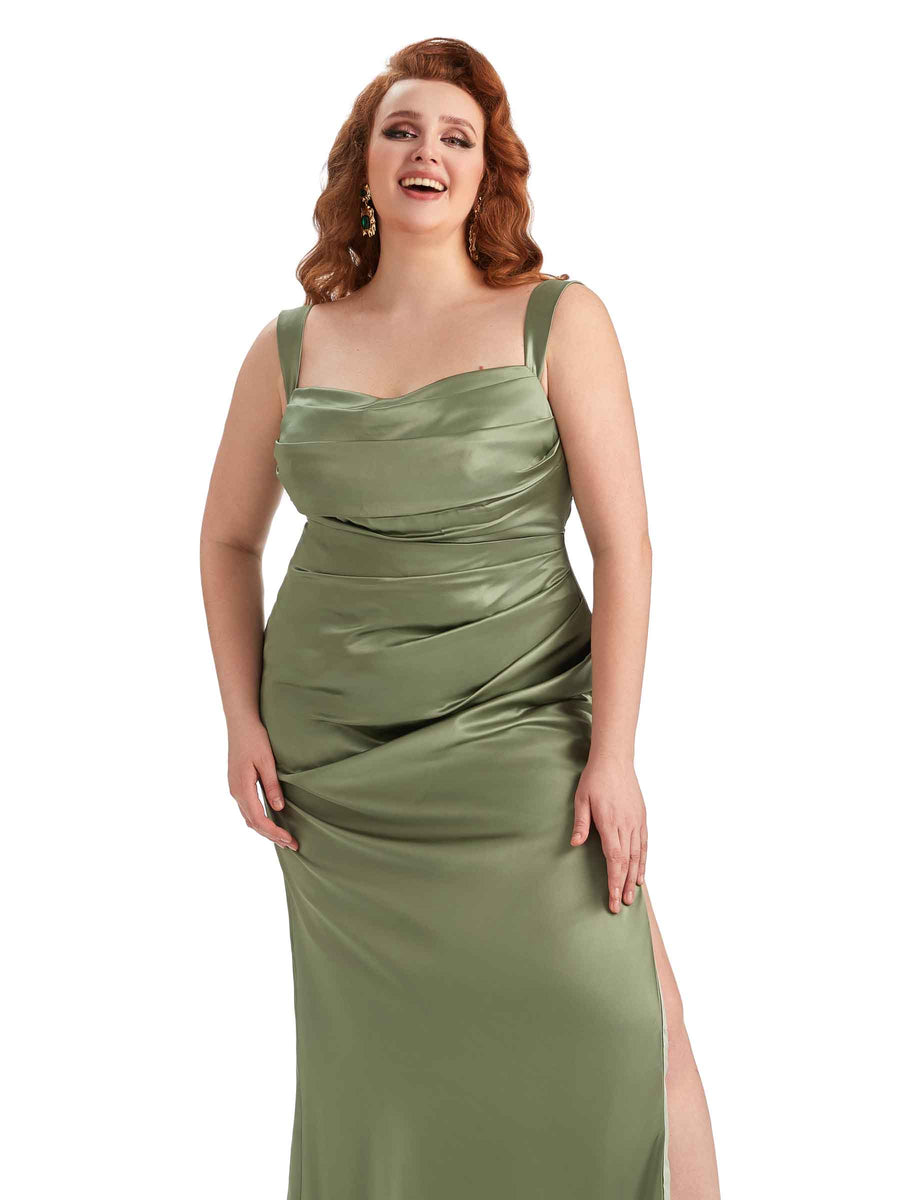 Plus Size Sexy Side Slit Mermaid Straps Soft Satin Long Maid of Honor Dresses
