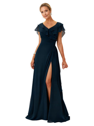 Elegant Short Sleeves V-Neck Chiffon Side Slit A-line Mother of The Bride Dresses
