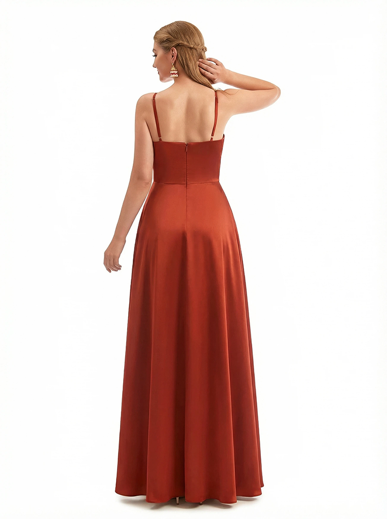 Sexy Spaghetti Straps Boning Side Slit A-Line Ruched Satin Long Formal Dresses For Women