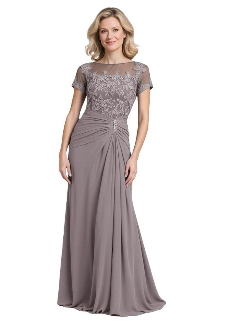 Elegant Chiffon Lace Illusion Short Sleeves A-Line Mother of The Bride Dresses - Chicsew Elegant Chiffon Lace Illusion Short Sleeves A-Line Mother of The Bride Dresses - Chicsew