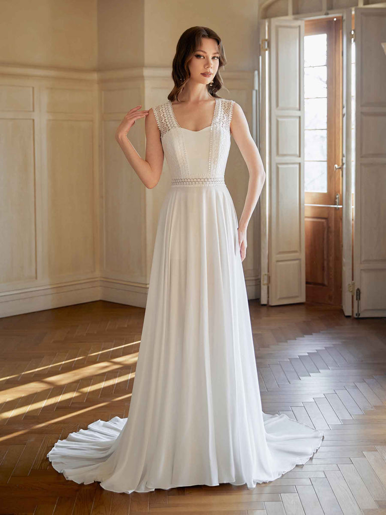 Elegant A-line Straps Open Back Sleeveless Maxi Long Lace Wedding Dresses Online - ChicSew Elegant A-line Straps Open Back Sleeveless Maxi Long Lace Wedding Dresses Online - ChicSew