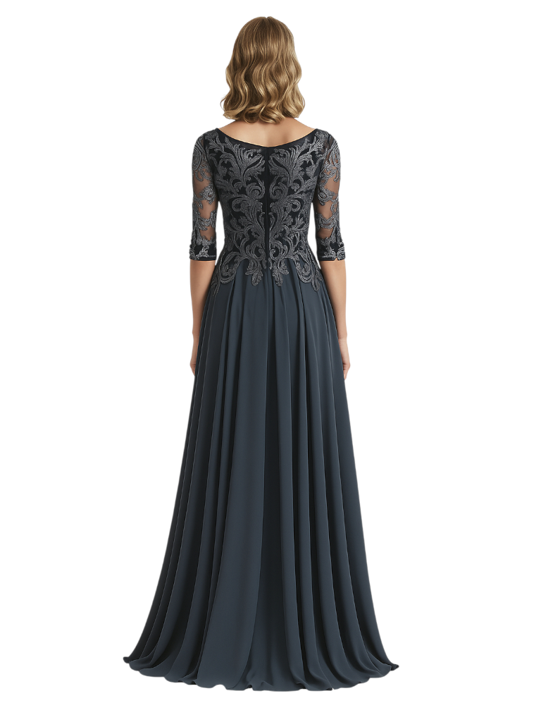 Elegant Scoop Chiffon Short Sleeves Lace A-Line Mother of The Bride Long Gowns