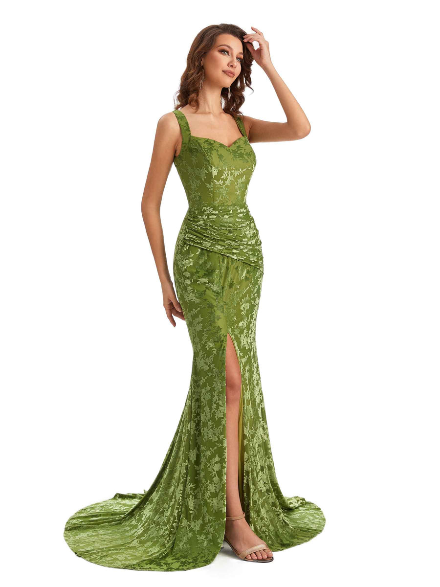 Sexy Side Slit Mermaid Floral Burntout Velvet Long Wedding Guest Dresses