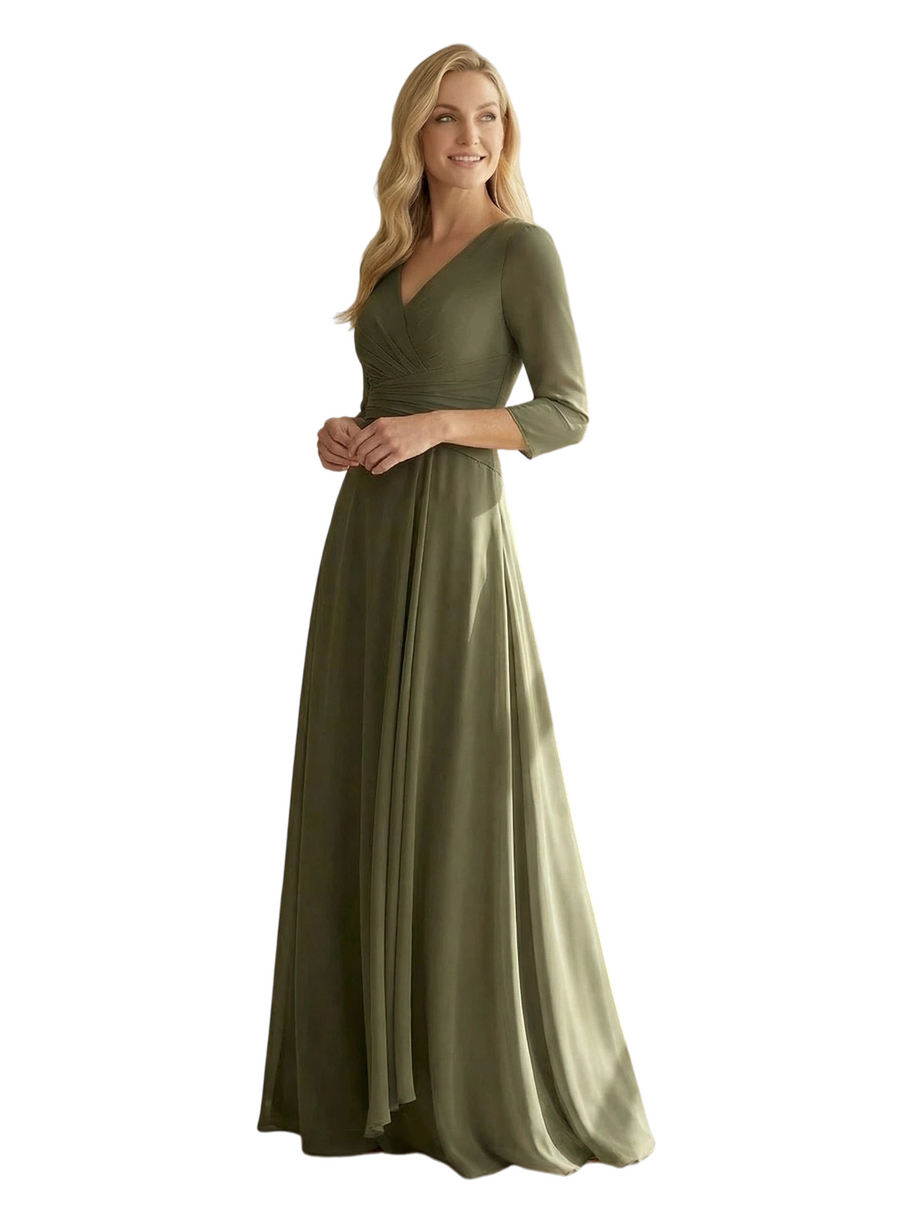 ChicSew Graceful V-Neck Long Sleeve Mother Of The Groom Dress Pleated Chiffon A-Line