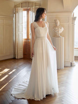 Elegant Lace Straps Open Back Long Beach Wedding Dresses Online
