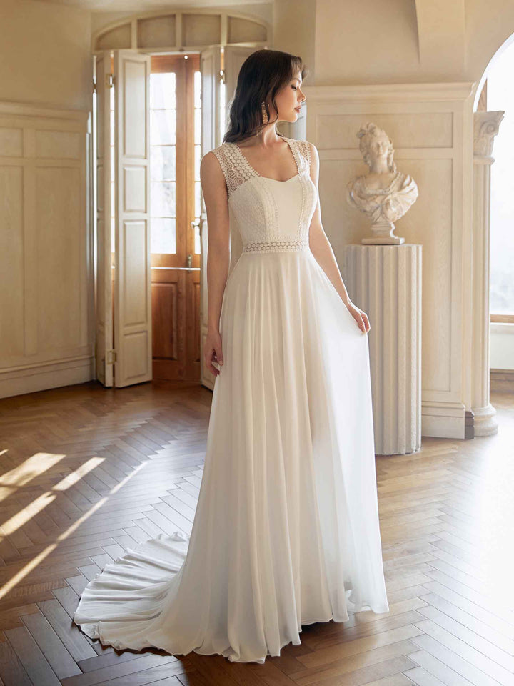 Elegant Lace Straps Open Back Long Beach Wedding Dresses Online