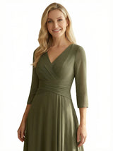 ChicSew Graceful V-Neck Long Sleeve Mother Of The Groom Dress Pleated Chiffon A-Line