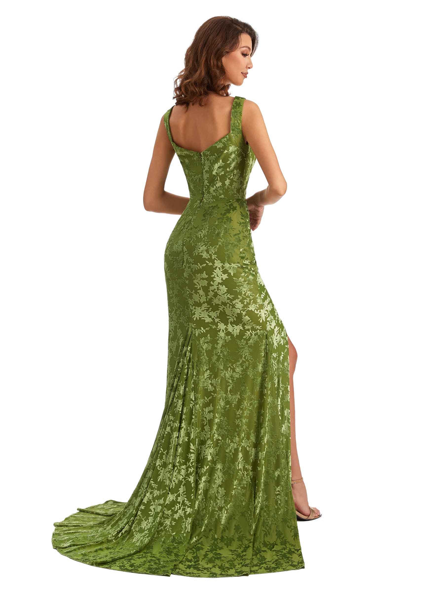 Sexy Side Slit Mermaid Floral Burntout Velvet Long Wedding Guest Dresses