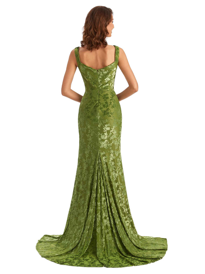 Sexy Side Slit Mermaid Floral Burntout Velvet Long Wedding Guest Dresses