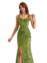 Sexy Side Slit Mermaid Floral Burntout Velvet Long Wedding Guest Dresses