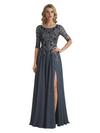 Elegant Scoop Chiffon Short Sleeves Lace A-Line Mother of The Bride Long Gowns