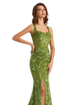 Sexy Side Slit Mermaid Floral Burntout Velvet Long Wedding Guest Dresses