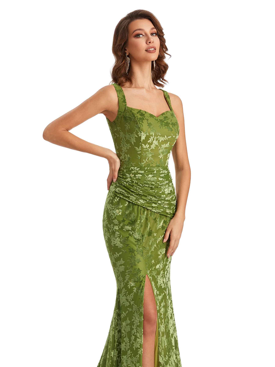Sexy Side Slit Mermaid Floral Burntout Velvet Long Wedding Guest Dresses