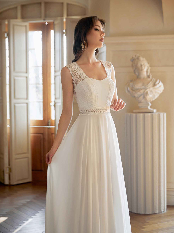 Elegant Lace Straps Open Back Long Beach Wedding Dresses Online