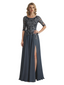 Elegant Scoop Chiffon Short Sleeves Lace A-Line Mother of The Bride Long Gowns